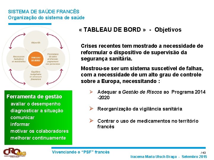 SISTEMA DE SAÚDE FRANCÊS Organização do sistema de saúde « TABLEAU DE BORD »