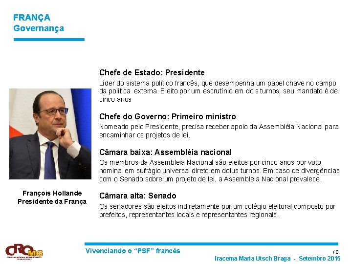 FRANÇA Governança Chefe de Estado: Presidente Líder do sistema político francês, que desempenha um