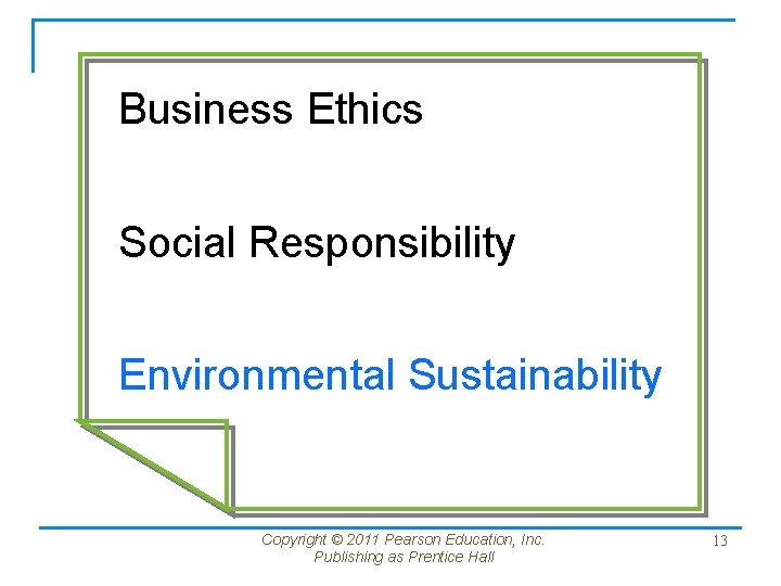 Business Ethics Social Responsibility Environmental Sustainability Copyright © 2011 Pearson Education, Inc. Publishing as