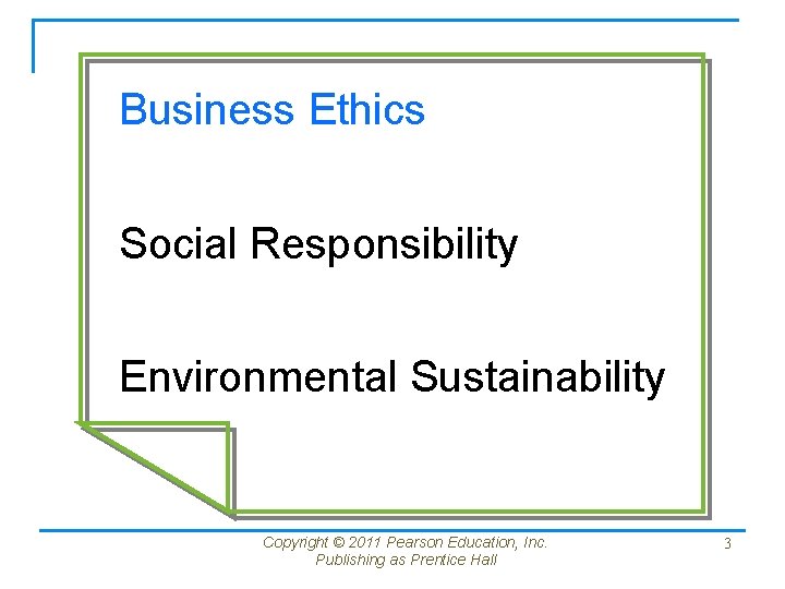 Business Ethics Social Responsibility Environmental Sustainability Copyright © 2011 Pearson Education, Inc. Publishing as