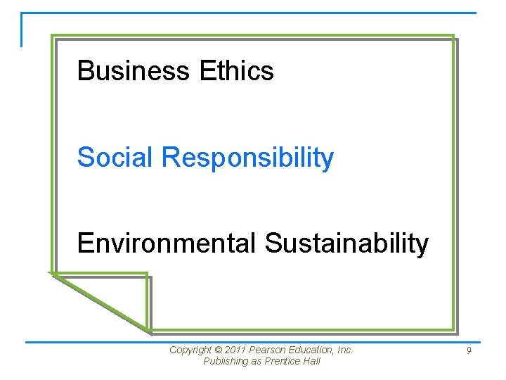 Business Ethics Social Responsibility Environmental Sustainability Copyright © 2011 Pearson Education, Inc. Publishing as