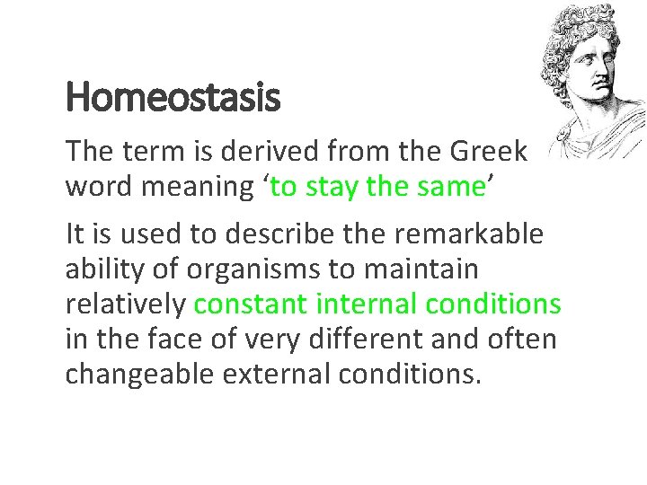 Homeostasis The term is derived from the Greek word meaning ‘to stay the same’