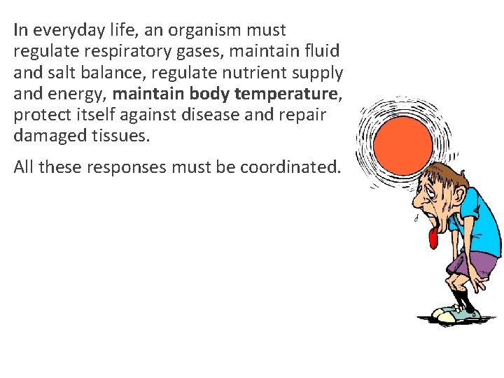 In everyday life, an organism must regulate respiratory gases, maintain fluid and salt balance,