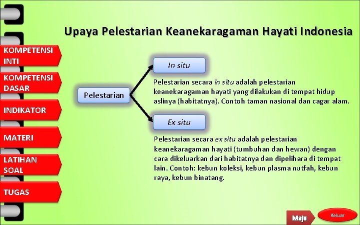 Upaya Pelestarian Keanekaragaman Hayati Indonesia KOMPETENSI INTI KOMPETENSI DASAR INDIKATOR In situ Pelestarian secara