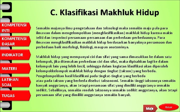 C. Klasifikasi Makhluk Hidup KOMPETENSI INTI KOMPETENSI DASAR INDIKATOR MATERI LATIHAN SOAL TUGAS Semakin