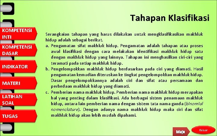 Tahapan Klasifikasi KOMPETENSI INTI KOMPETENSI DASAR INDIKATOR MATERI LATIHAN SOAL TUGAS Serangkaian tahapan yang