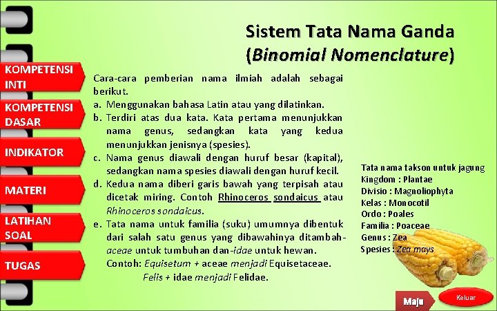 KOMPETENSI INTI KOMPETENSI DASAR INDIKATOR MATERI LATIHAN SOAL TUGAS Sistem Tata Nama Ganda (Binomial