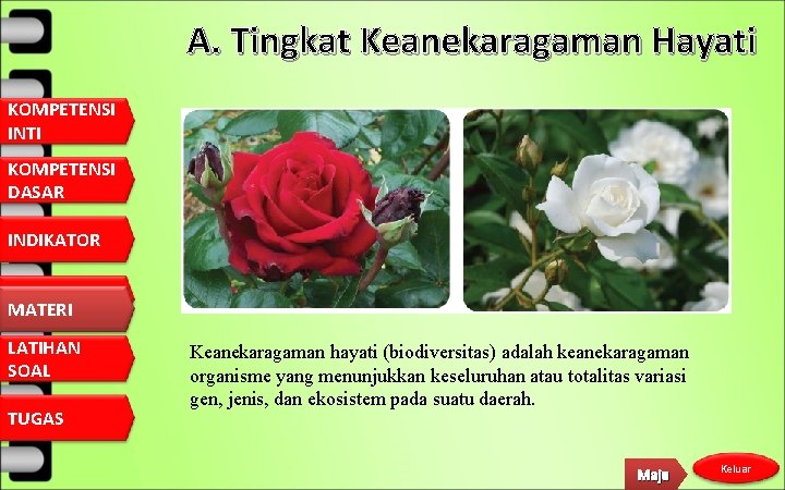 A. Tingkat Keanekaragaman Hayati KOMPETENSI INTI KOMPETENSI DASAR INDIKATOR MATERI LATIHAN SOAL TUGAS Keanekaragaman