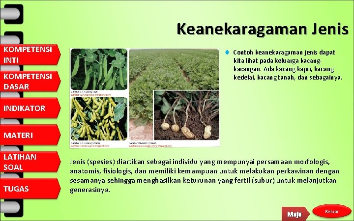 Keanekaragaman Jenis KOMPETENSI INTI KOMPETENSI DASAR Contoh keanekaragaman jenis dapat kita lihat pada keluarga