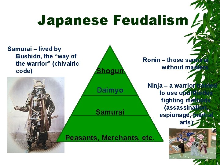 Japanese Feudalism Samurai – lived by Bushido, the “way of the warrior” (chivalric code)
