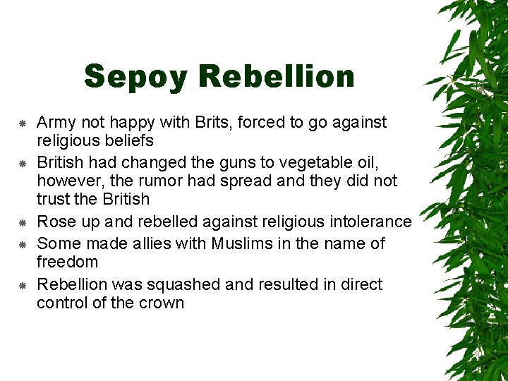 Sepoy Rebellion Army not happy with Brits, forced to go against religious beliefs British