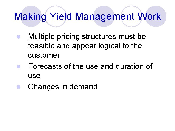 Making Yield Management Work Multiple pricing structures must be feasible and appear logical to
