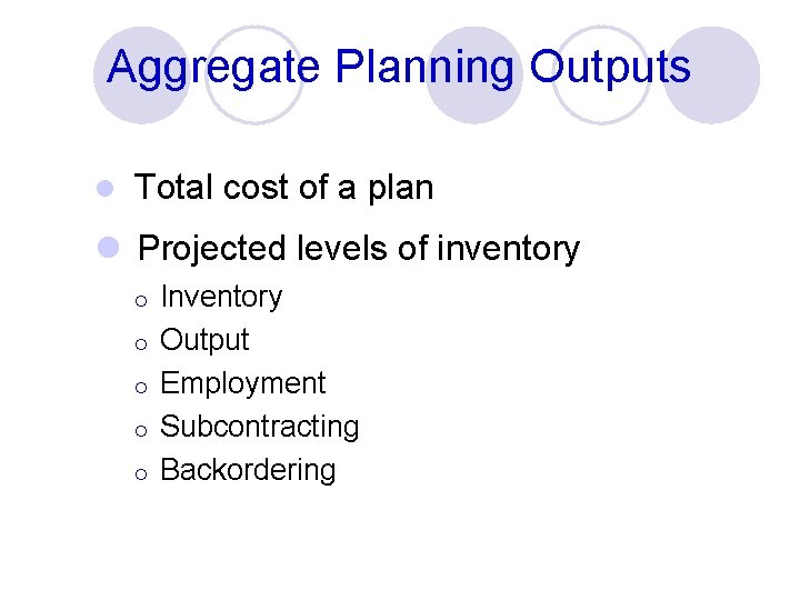 Aggregate Planning Outputs l Total cost of a plan l Projected levels of inventory