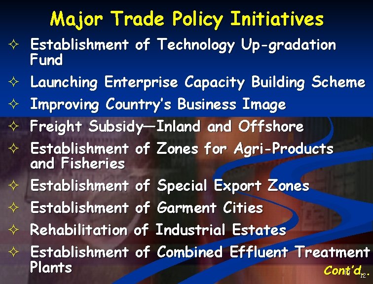 Major Trade Policy Initiatives ² Establishment of Technology Up-gradation Fund ² Launching Enterprise Capacity