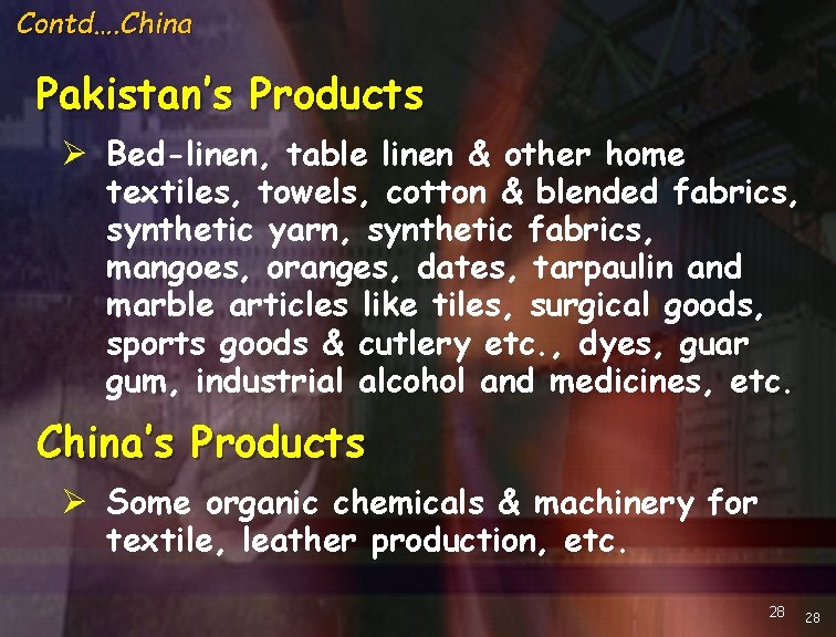 Contd…. China Pakistan’s Products Ø Bed-linen, table linen & other home textiles, towels, cotton