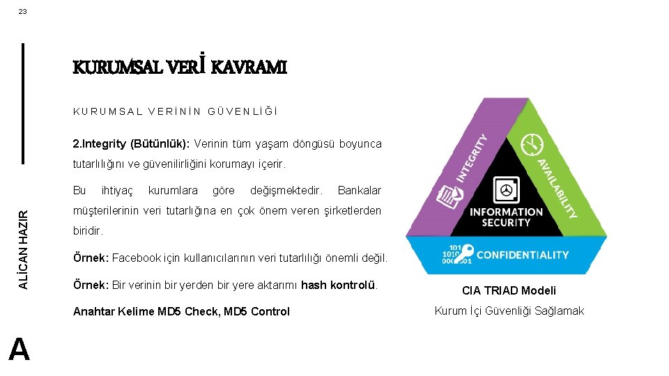 23 KURUMSAL VERİ KAVRAMI KURUMSAL VERİNİN GÜVENLİĞİ 2. Integrity (Bütünlük): Verinin tüm yaşam döngüsü