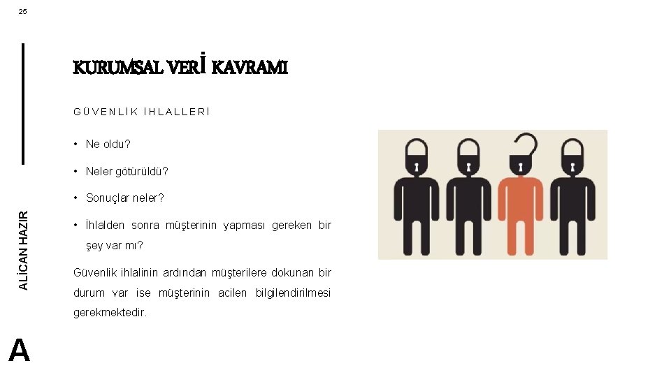 25 KURUMSAL VERİ KAVRAMI GÜVENLİK İHLALLERİ • Ne oldu? • Neler götürüldü? ALİCAN HAZIR