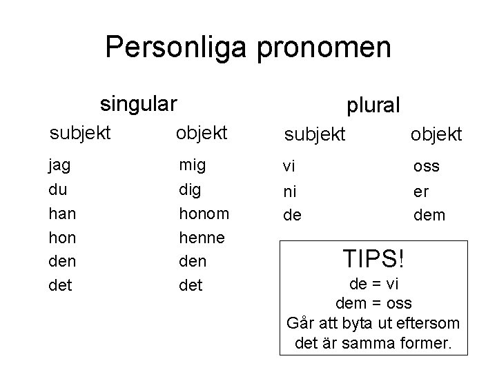 Personliga pronomen singular plural subjekt objekt jag mig vi oss du han hon det