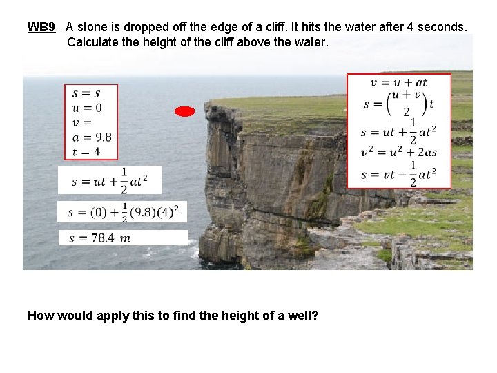 WB 9 A stone is dropped off the edge of a cliff. It hits