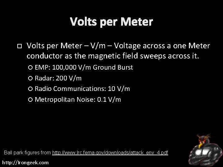 Volts per Meter – V/m – Voltage across a one Meter conductor as the