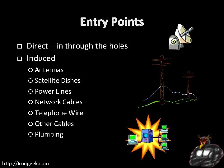 Entry Points Direct – in through the holes Induced Antennas Satellite Dishes Power Lines