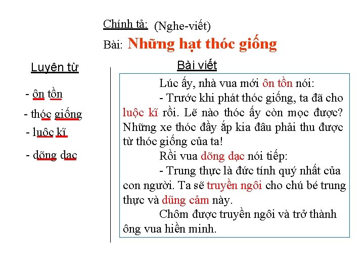 Chính tả: (Nghe-viết) Bài: Luyện từ - ôn tồn - thóc giống - luộc