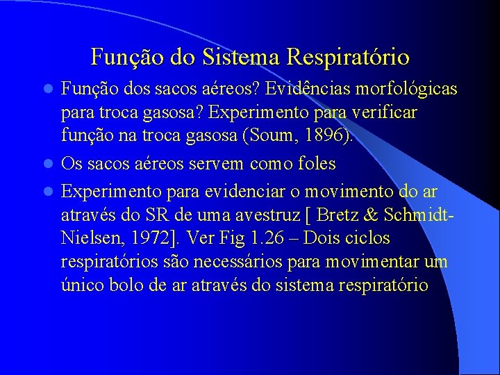 Função do Sistema Respiratório Função dos sacos aéreos? Evidências morfológicas para troca gasosa? Experimento