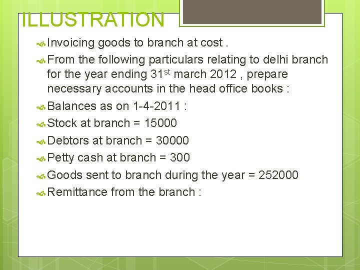 ILLUSTRATION Invoicing goods to branch at cost. From the following particulars relating to delhi