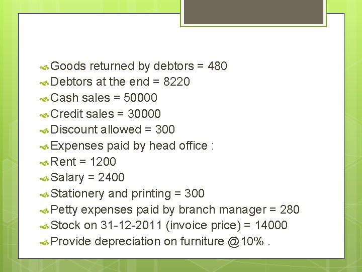  Goods returned by debtors = 480 Debtors at the end = 8220 Cash