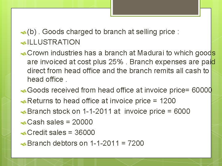  (b) . Goods charged to branch at selling price : ILLUSTRATION Crown industries