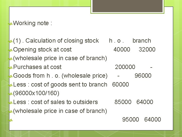  Working (1) note : . Calculation of closing stock h. o. branch Opening