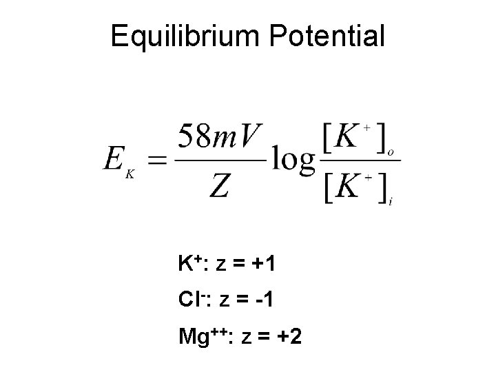 Equilibrium Potential K+: z = +1 Cl-: z = -1 Mg++: z = +2