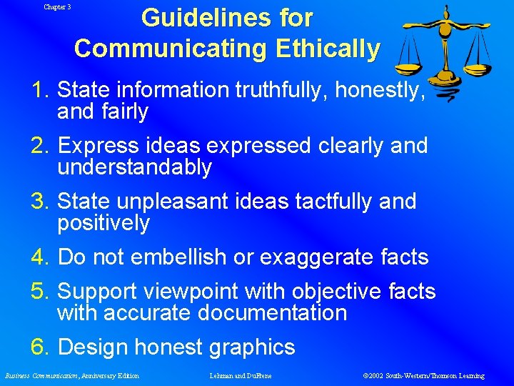 Chapter 3 Guidelines for Communicating Ethically 1. State information truthfully, honestly, and fairly 2.