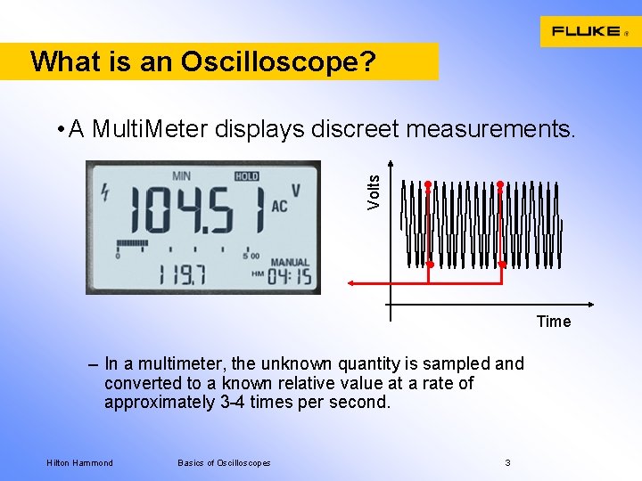 What is an Oscilloscope? Volts • A Multi. Meter displays discreet measurements. Time –