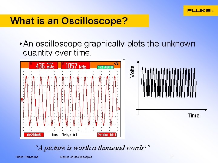 What is an Oscilloscope? Volts • An oscilloscope graphically plots the unknown quantity over