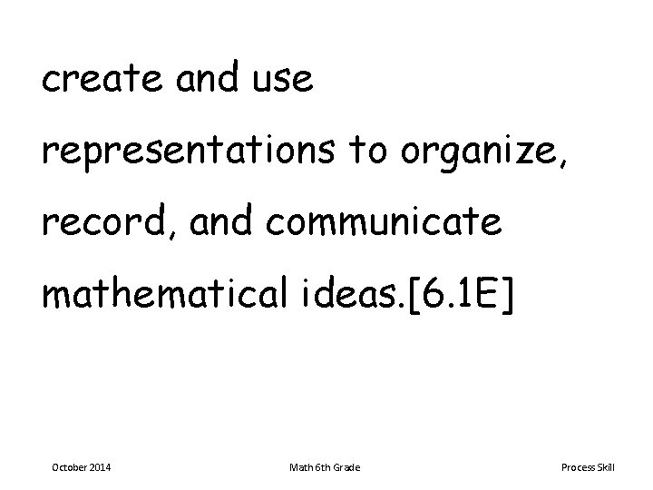 create and use representations to organize, record, and communicate mathematical ideas. [6. 1 E]