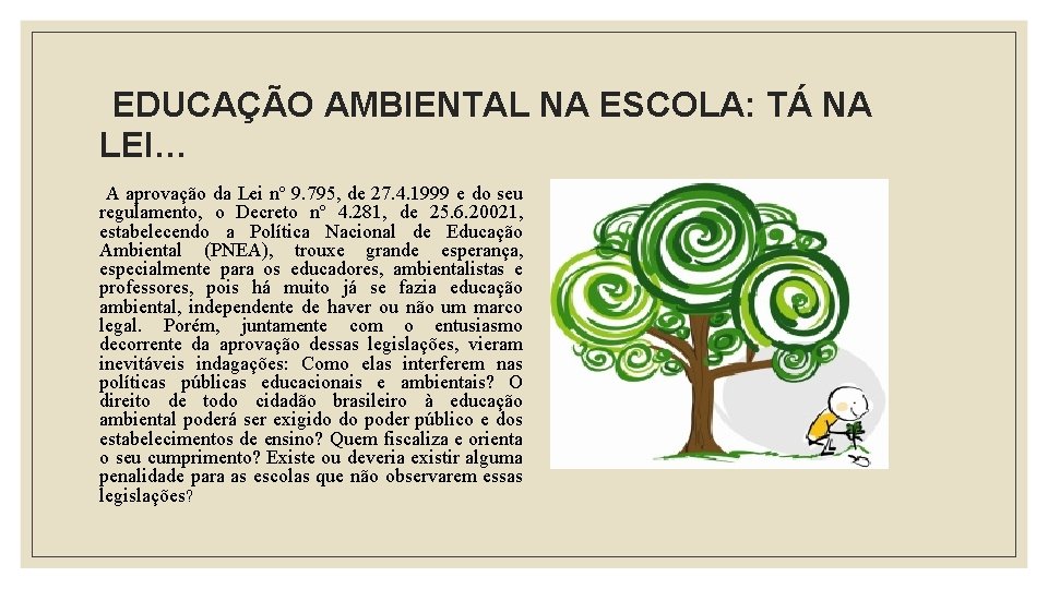  EDUCAÇÃO AMBIENTAL NA ESCOLA: TÁ NA LEI… A aprovação da Lei nº 9.