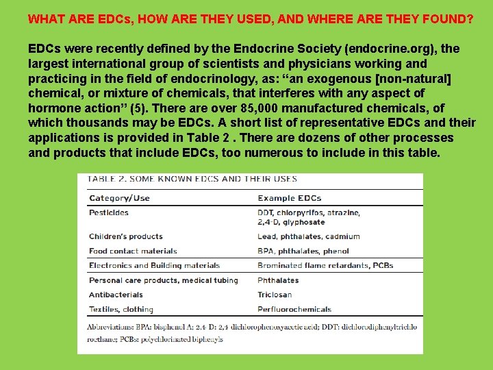 WHAT ARE EDCs, HOW ARE THEY USED, AND WHERE ARE THEY FOUND? EDCs were