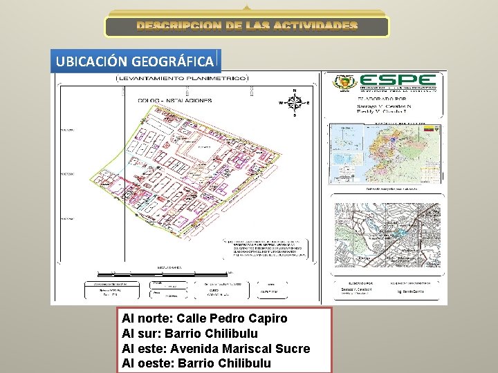 DESCRIPCIÓN DE LAS ACTIVIDADES UBICACIÓN GEOGRÁFICA Al norte: Calle Pedro Capiro Al sur: Barrio