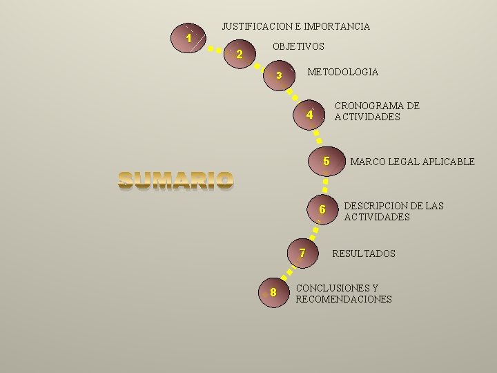 1 JUSTIFICACION E IMPORTANCIA 2 OBJETIVOS METODOLOGIA 3 CRONOGRAMA DE ACTIVIDADES 4 5 SUMARIO