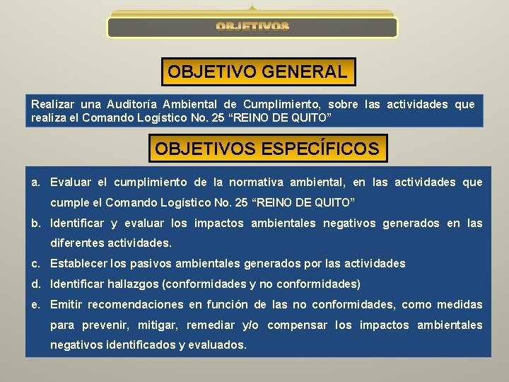 OBJETIVOS OBJETIVO GENERAL Realizar una Auditoría Ambiental de Cumplimiento, sobre las actividades que realiza