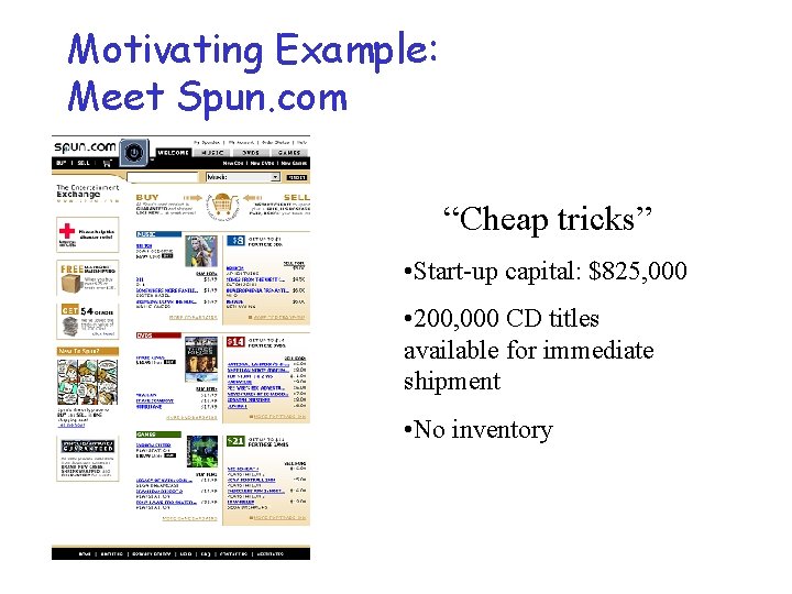 Motivating Example: Meet Spun. com “Cheap tricks” • Start-up capital: $825, 000 • 200,