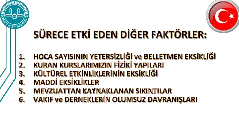 SÜRECE ETKİ EDEN DİĞER FAKTÖRLER: 1. 2. 3. 4. 5. 6. HOCA SAYISININ YETERSİZLİĞİ