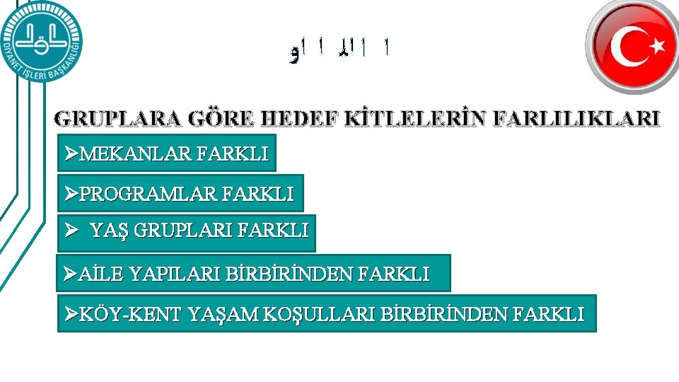  ﺍ ﺍ ﺍﻟ ﺍ ﺍﻭ GRUPLARA GÖRE HEDEF KİTLELERİN FARLILIKLARI ØMEKANLAR FARKLI ØPROGRAMLAR