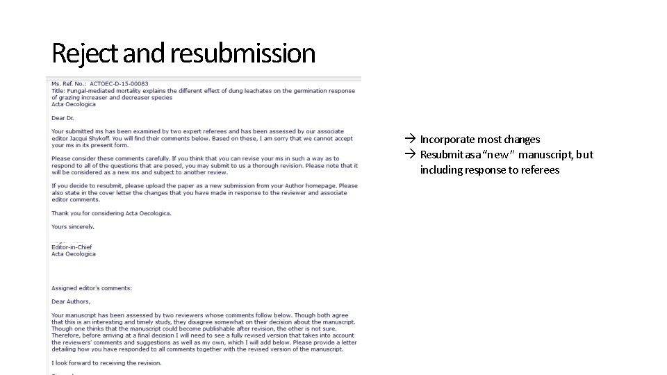 Reject and resubmission Incorporate most changes Resubmit as a “new” manuscript, but including response