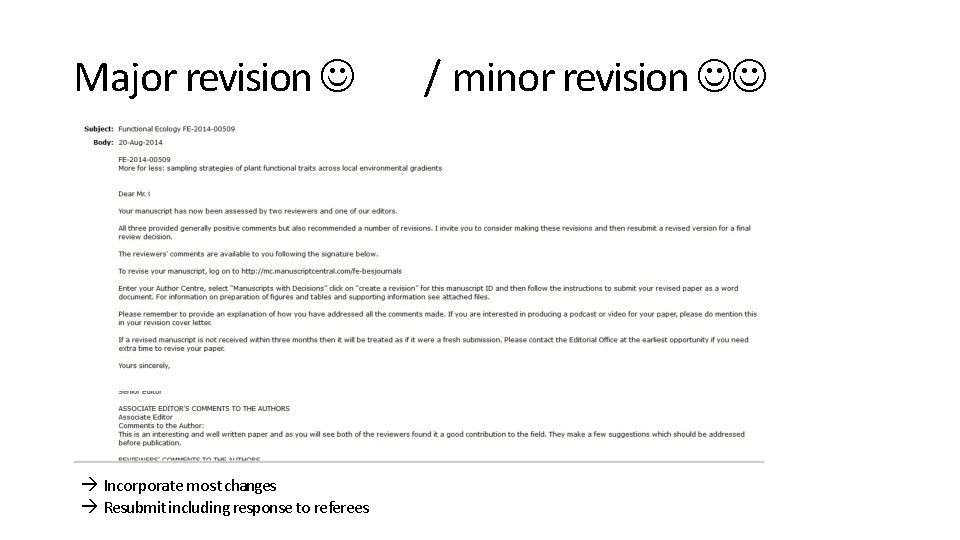 Major revision Incorporate most changes Resubmit including response to referees / minor revision 