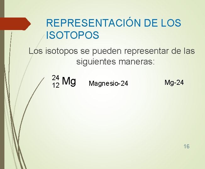 REPRESENTACIÓN DE LOS ISOTOPOS Los isotopos se pueden representar de las siguientes maneras: 24