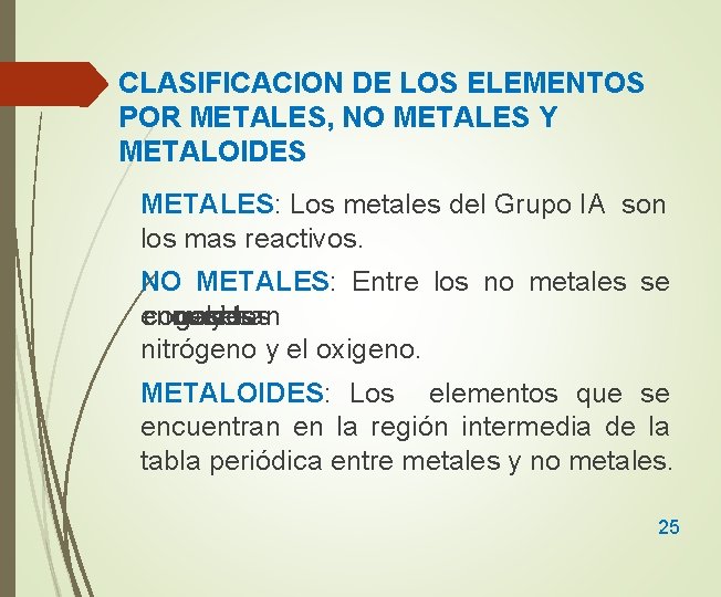CLASIFICACION DE LOS ELEMENTOS POR METALES, NO METALES Y METALOIDES METALES: Los metales del