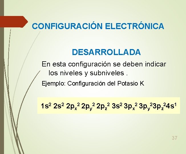 CONFIGURACIÓN ELECTRÓNICA DESARROLLADA En esta configuración se deben indicar los niveles y subniveles. Ejemplo: