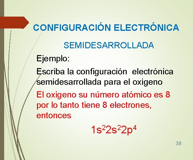 CONFIGURACIÓN ELECTRÓNICA SEMIDESARROLLADA Ejemplo: Escriba la configuración electrónica semidesarrollada para el oxigeno El oxigeno